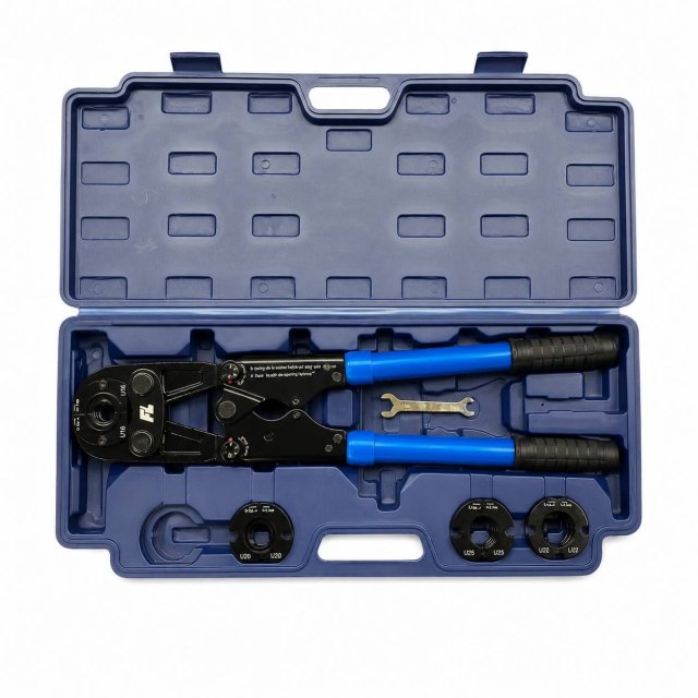 Handmatige perstang van Toppex met u profiel persbekken in blauwe bewaarkoffer.