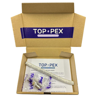 Verpakkingsdoos met een sample van Toppex erin, je ontvangt een stukje meerlagenbuis en een perskoppeling om de kwaliteit van Toppex te ervaren.